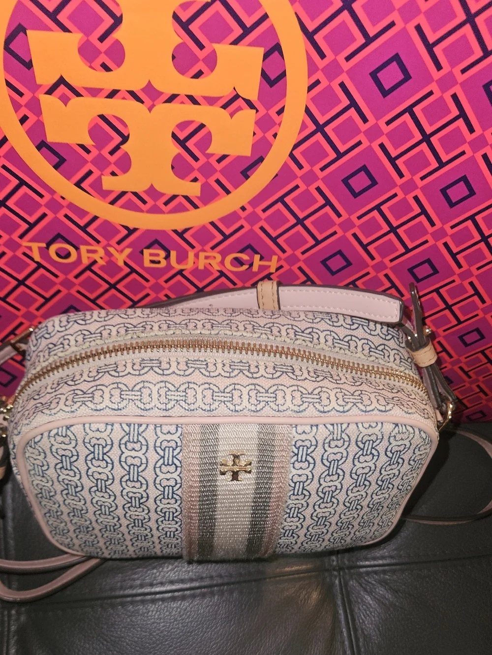 Tory Burch Blue and Cream Striped Jacquard Crossbody Camera Bag - Picture 2 of 8